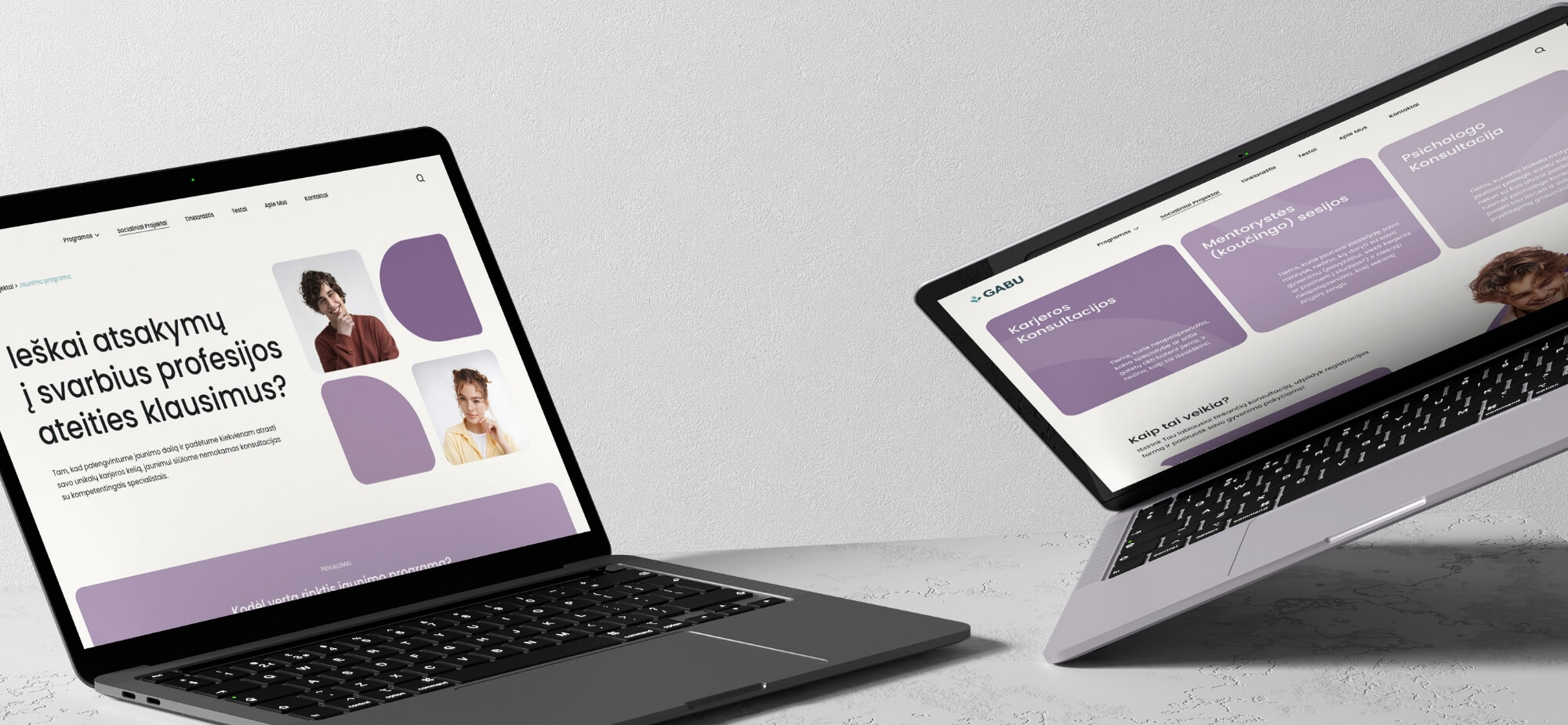 ux_ui__services_featured Mockup of two laptops displaying a modern, user-friendly interface for a career consultation platform, demonstrating clean UX/UI design with soft colors, structured layouts, and responsive web elements. Ideal for showcasing professional web design capabilities and real-world application of user interface principles.